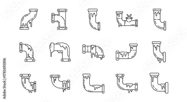 Fototapeta Set of minimalistic outline icons representing frozen pipes with dripping icicles, suitable for web and graphic design, apps, banners, social networks, and cards. This vector cartoon illustration