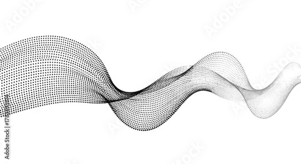 Fototapeta Abstract flowing wave pattern composed of black dots with a smooth gradient, creating a dynamic halftone effect. This elegant, isolated vector graphic on a white background represents smooth curves