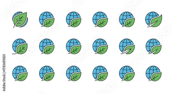 Fototapeta Set of 15 minimalistic icons and pictograms representing the Earth or Globe with a green leaf, symbolizing nature, ecology, environment, and sustainability. These versatile vector graphics are