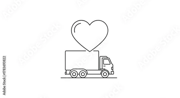 Fototapeta Isolated line art icon of a delivery truck with a large heart symbol above its cargo area, symbolizing love, care, and affection in logistics and delivery services, perfect for apps and graphic