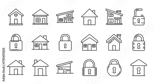 Fototapeta Collection of simple linear outline icons representing houses and locks, featuring editable strokes, perfect for websites, books, cards, and apps, presented as vector cartoon illustrations with a