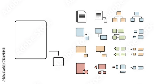 Fototapeta Collection of simple linear hierarchy and organizational chart outline icons with editable strokes, suitable for web, books, cards, and apps, presented as vector cartoon illustrations on a white