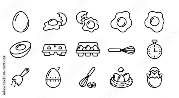 Fototapeta Collection of outline icons representing eggs and related cooking elements, perfect for infographics, articles, books, flyers, and banners. Includes whole eggs, cracked eggs, fried eggs, egg cartons