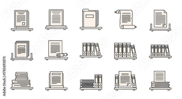 Fototapeta Collection of Shelved Documents and Folders, Vector Outline Illustration with Editable Stroke, Perfect for Infographics, Articles, Books, Flyers, Banners, and Presentations, Clean and Modern Design