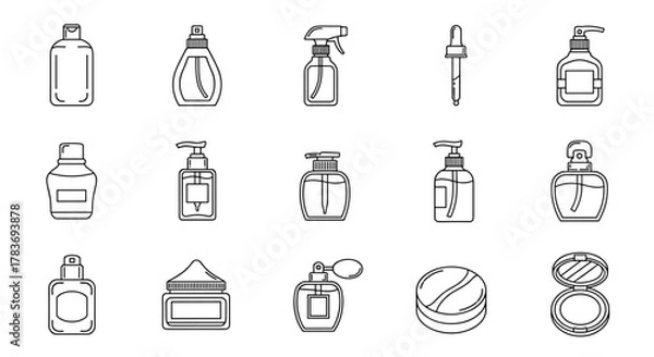 Fototapeta Collection of cosmetic bottles and containers in a clean, minimalist line art style, perfect for graphic design, app icons, and web elements. Includes various types like spray bottles, pump