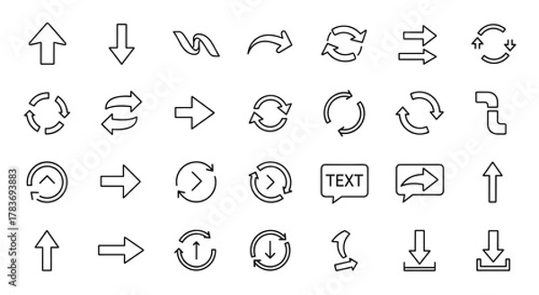 Fototapeta A comprehensive collection of 30 unique arrow icons in a clean, modern outline style, perfect for graphic design, web development, app interfaces, and digital advertising, featuring directional