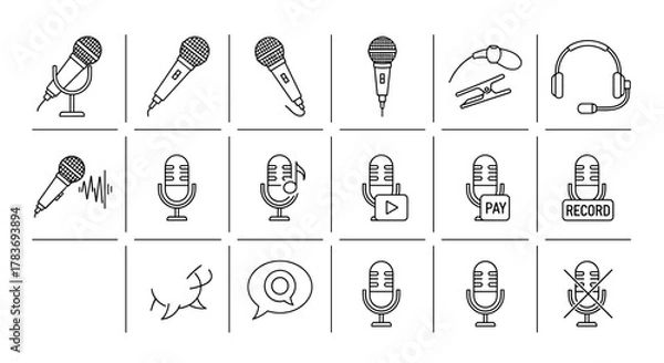 Fototapeta Set of microphone-related line icons, outline signs for graphic and web design, apps, adverts, various cards, vector cartoon illustration. Includes microphones on stands, with sound waves, music