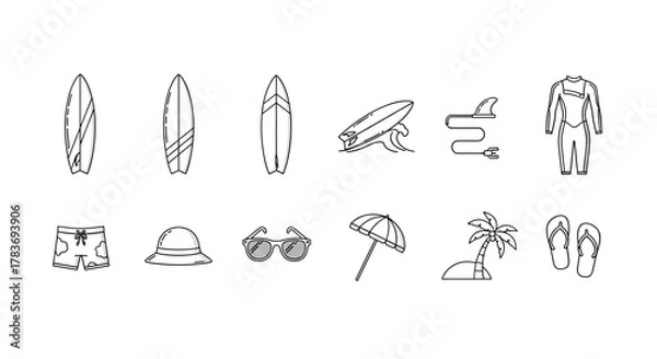 Fototapeta Collection of line art icons representing surfing and beach activities, including surfboards, waves, wetsuit, shorts, hat, sunglasses, beach umbrella, palm tree island, and flip-flops, perfect for