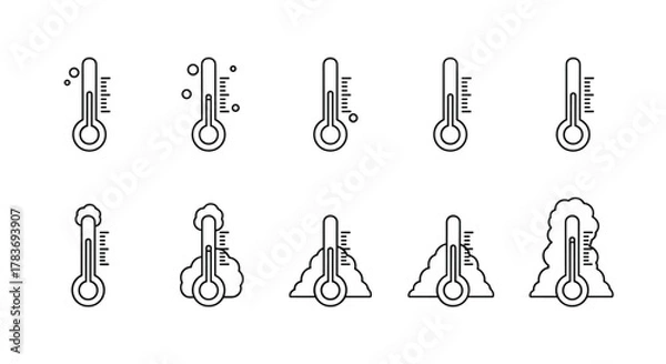 Fototapeta Set of minimalistic outline thermometer icons representing various temperature conditions, including cold, hot, and boiling, suitable for web, graphic design, apps, banners, social networks, and