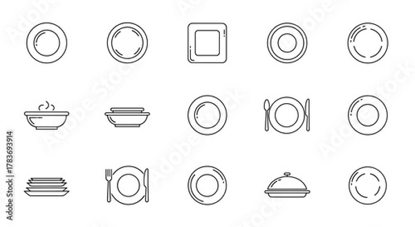 Fototapeta A collection of minimalistic line icons representing various plates, bowls, and cutlery, perfect for web design, graphic design, app interfaces, banners, social networks, and greeting cards, offering
