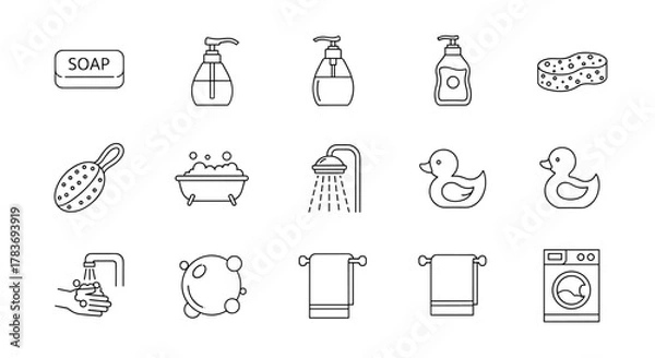 Fototapeta A clean and modern line icon pack featuring essential bathroom and hygiene elements, including soap, lotion dispensers, a sponge, a scrubbing brush, a bathtub with bubbles, a shower, rubber ducks, a