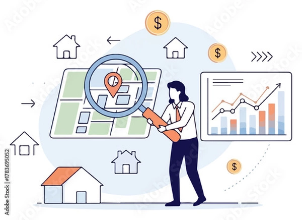 Fototapeta Strategic Real Estate Market Analysis Character Examining Property Locations, Financial Growth, and Investment Opportunities with a Magnifying Glass