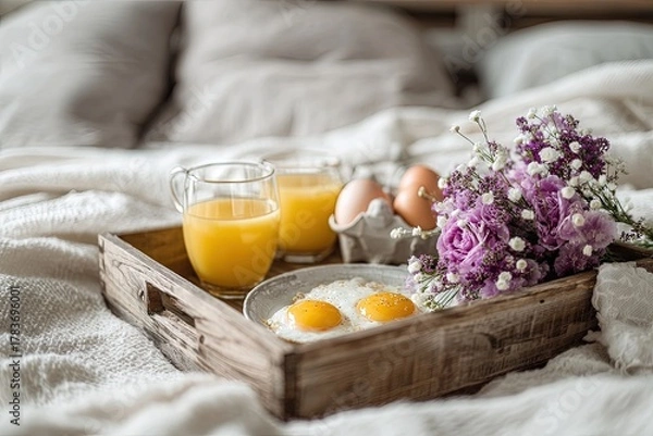 Fototapeta Breakfast in Bed: A delicious tray of breakfast treats, including eggs, juice, and flowers, rests elegantly on a cozy bed, perfect for a relaxing morning.