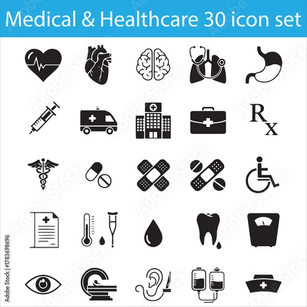 Fototapeta 30 Medical & Healthcare Icons | Minimalist Black and White Silhouette Vector Set