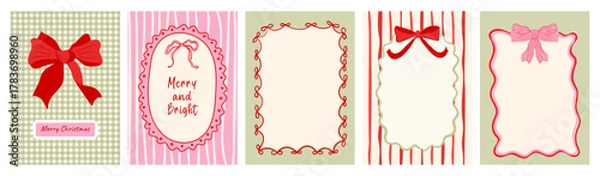 Fototapeta A Christmas illustration set featuring original hand-drawn doodles, refined ribbon-and-bow frames, striped decorative accents, and elegant typography. Ideal for greeting cards, invitations, and poster