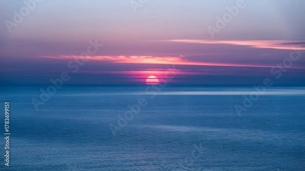 Fototapeta Vibrant sunset over the ocean with pink and blue colored sky view