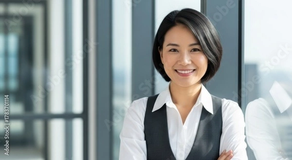 Obraz Smiling asian businesswoman in office with arms crossed near window and cityscape