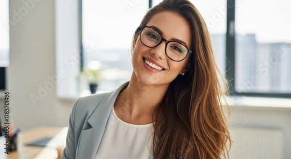 Obraz Smiling woman in glasses and blazer stands in office with natural light shining in