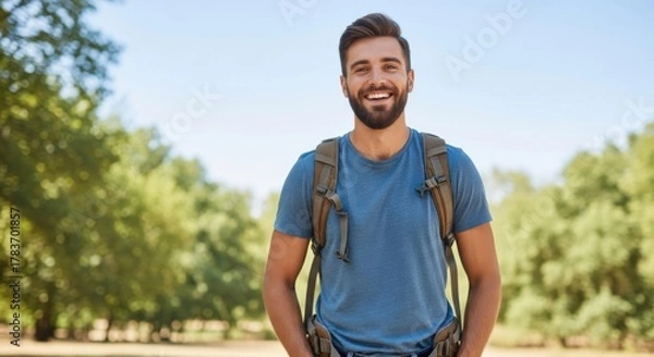 Obraz Smiling hiker with a backpack enjoys a sunny day in the forest, surrounded by trees
