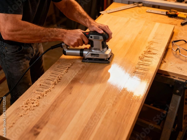 Obraz Strong male hands holding multifunctional electric sander and performing sanding actions on wooden board in equipped workshop creating atmosphere of professional craftsmanship and precise work.