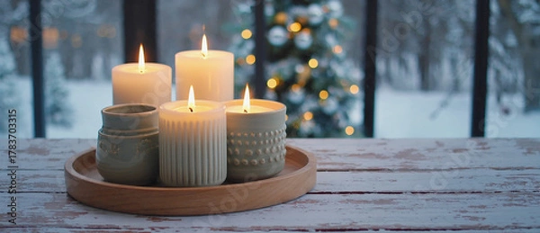 Fototapeta Candlelight Serenity: A cozy scene unfolds with lit candles, casting a warm glow, nestled on a wooden tray, creating an atmosphere of comfort and tranquility in a home setting.