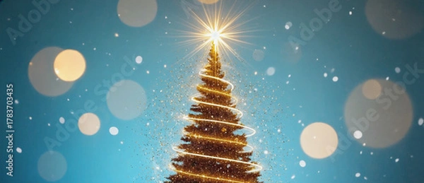 Fototapeta Glowing Christmas Tree: A festive Christmas tree, adorned with shimmering lights, stands tall against a backdrop of a snowy night, sparkling with twinkling bokeh.