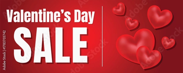 Obraz Valentine’s Day big sale promotional banner. Elegant red background with 3D floating hearts and bold white text for marketing, promotion, and shopping