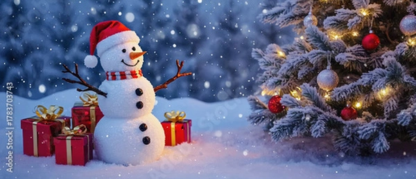 Obraz Festive winter: A cheerful snowman, adorned with a festive hat, stands proudly beside a beautifully decorated Christmas tree.