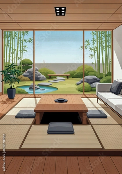 Fototapeta Modern Japanese‑style office lounge with tatami flooring, low wooden table, minimalist furniture, large windows with garden view, clean vector illustration.
