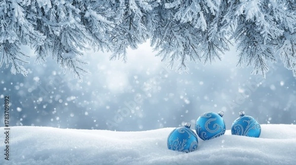 Obraz A serene winter scene featuring three blue Christmas ornaments with icy patterns resting in fresh snow in the foreground, framed by frosted pine branches above, against a soft, luminous blue backgroun