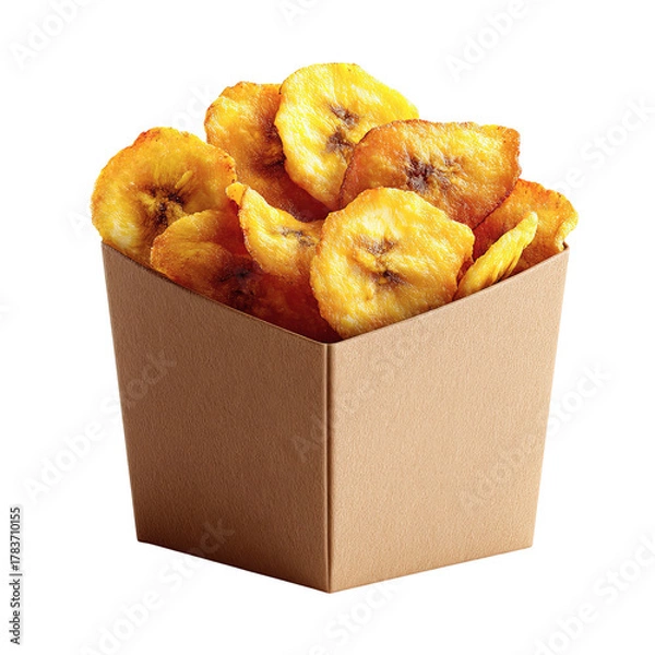 Fototapeta Banana chips PNG die-cut in brown paper box, crispy dried banana snack isolated on transparent background, banana chips snack packaging mockup for food branding, natural dessert concept, eco design