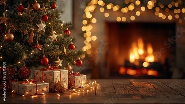 Fototapeta Cozy Christmas Fireplace Scene. A warm, indoor scene featuring the base of a decorated Christmas tree with red ornaments and lights, gifts on a wooden table, and a glowing, blurred fireplace in the ba