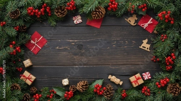 Fototapeta Rustic Christmas Wreath Frame. A flat lay image featuring a dark, rustic wooden background framed by an oval border of evergreen branches, red berries, and scattered small elements like pine cones, ti