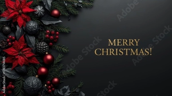 Obraz Dark and Elegant Christmas Banner. A luxurious black background featuring a vertical border of dark pine boughs, red poinsettias, deep red berries, and black and red ornaments, with golden "MERRY CHRI