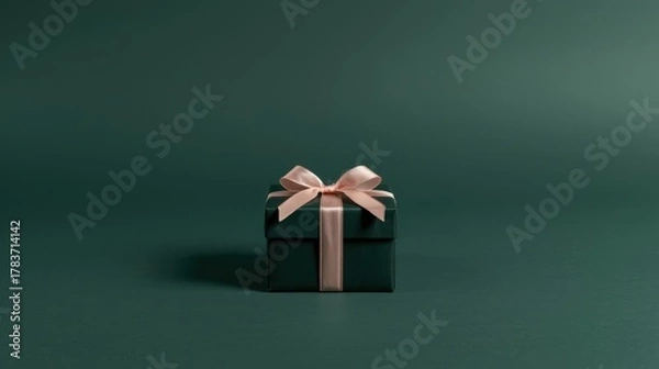 Obraz Minimalist Gift Box. A single, dark teal/emerald gift box wrapped with a contrasting light pink/peach satin ribbon and bow, centered against a solid, matching teal background with ample copy space.