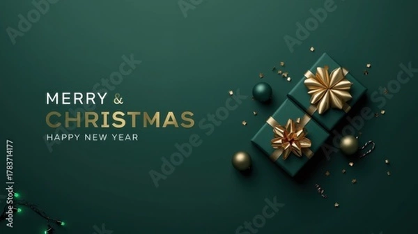 Fototapeta Luxury Green Christmas Banner. A dark emerald green background featuring two elegant gift boxes wrapped in gold ribbons, positioned next to the stylized golden and white text "MERRY CHRISTMAS HAPPY NE