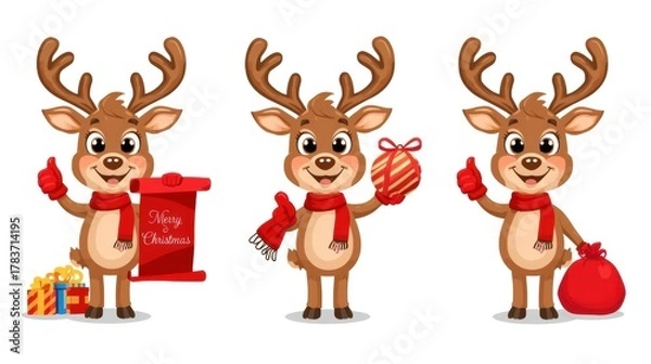 Fototapeta Cartoon Reindeer Set. Three illustrations of a cheerful cartoon reindeer with a red nose and scarf, posing with Christmas items: holding a "Merry Christmas" scroll, displaying an ornament, and holding