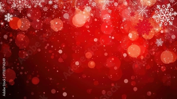 Fototapeta Vibrant Red Snowflake Background. An intense, abstract red background dominated by bright bokeh light circles and subtle snow particles, with white, stylized snowflakes suspended from the top edge.
