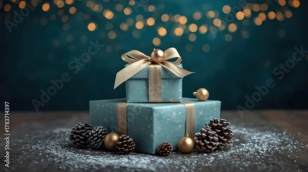 Fototapeta Stacked Christmas Gifts. Two aqua-colored, polka-dotted gift boxes tied with ribbon (the top one having a cream bow) are stacked on a wooden surface dusted with snow, flanked by pine cones, against a 