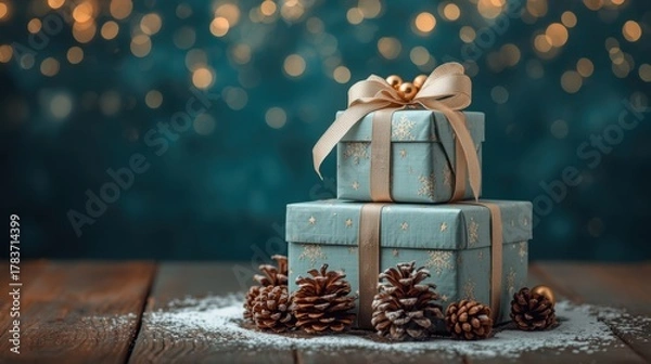 Fototapeta Stacked Christmas Gifts. Two aqua-colored, polka-dotted gift boxes tied with ribbon (the top one having a cream bow) are stacked on a wooden surface dusted with snow, flanked by pine cones, against a 