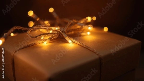 Fototapeta Gift with Fairy Lights. A close-up shot of a wrapped present in brown kraft paper, tied with twine, and illuminated by small, warm-toned LED string lights focused on the bow and the package top, again
