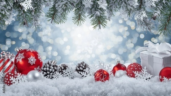 Fototapeta Festive Winter Background. A snowy surface holding red and white Christmas ornaments, pine cones, and a gift box, framed by frosted pine boughs, set against a bright, bokeh-filled blue backdrop.