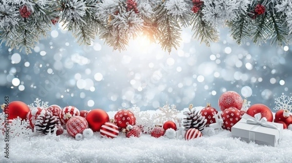 Fototapeta Festive Winter Background. A snowy surface holding red and white Christmas ornaments, pine cones, and a gift box, framed by frosted pine boughs, set against a bright, bokeh-filled blue backdrop.