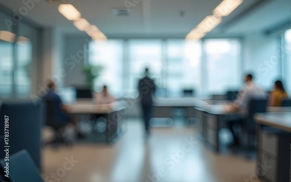 Fototapeta The intentionally blurred image shows the interior of the office, showing the different departments of the office in a blur. High quality