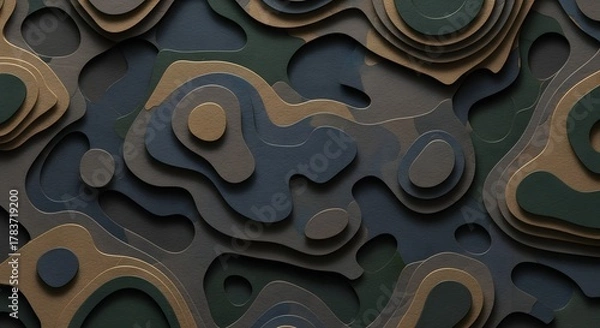 Fototapeta Abstract topographic map with layered contour lines in earthy tones of brown, gold, and dark green, creating a textured topographical pattern