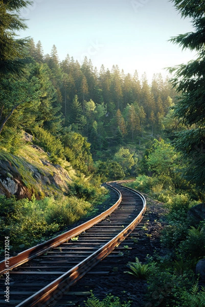 Fototapeta Railway Tracks Curving and Splitting Through Dense Greenery on Transparent Background