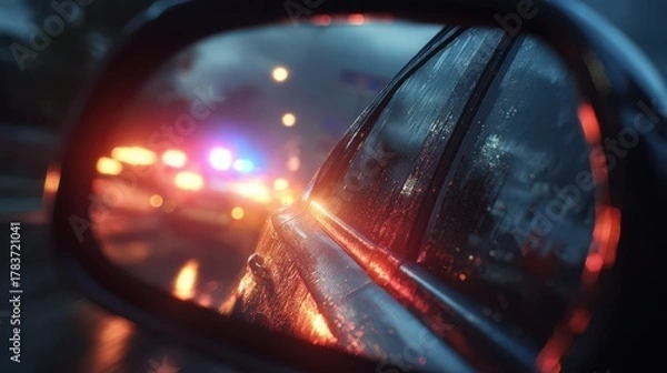 Obraz The reflection in a cars side mirror shows the flashing lights of police cars pursuing the vehicle in a highspeed chase