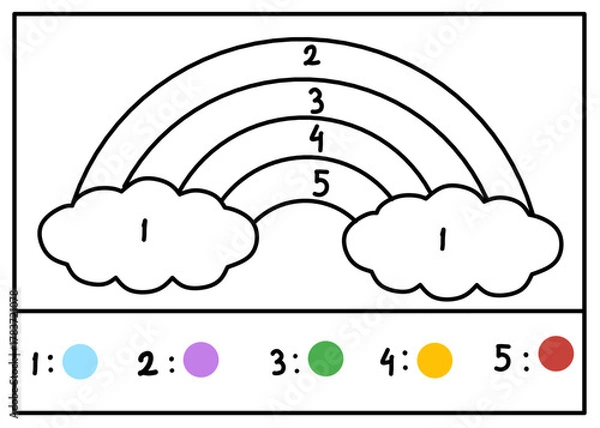 Obraz Fun color by number rainbow worksheet for kids. Children can learn colors and numbers while coloring a cute rainbow scene. Perfect for preschool and kindergarten activities