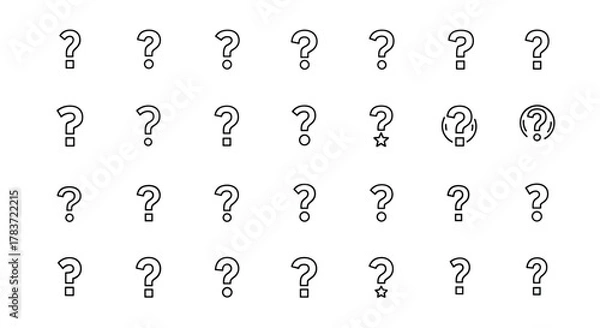 Fototapeta A collection of line art question mark icons, featuring various styles including standard question marks with dots and squares, as well as stylized versions with stars and circular enclosures