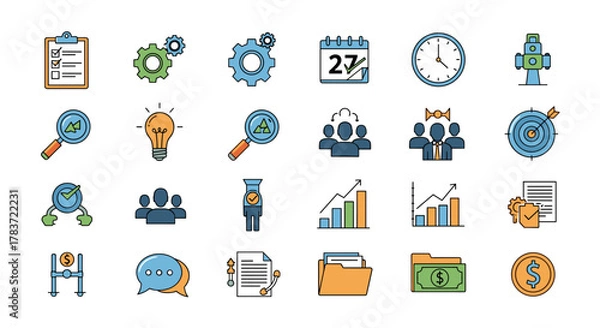 Fototapeta Vibrant vector cartoon illustration of project management and task planning icons on a clean white background, featuring a checklist, gears, calendar, clock, magnifying glass, lightbulb, team